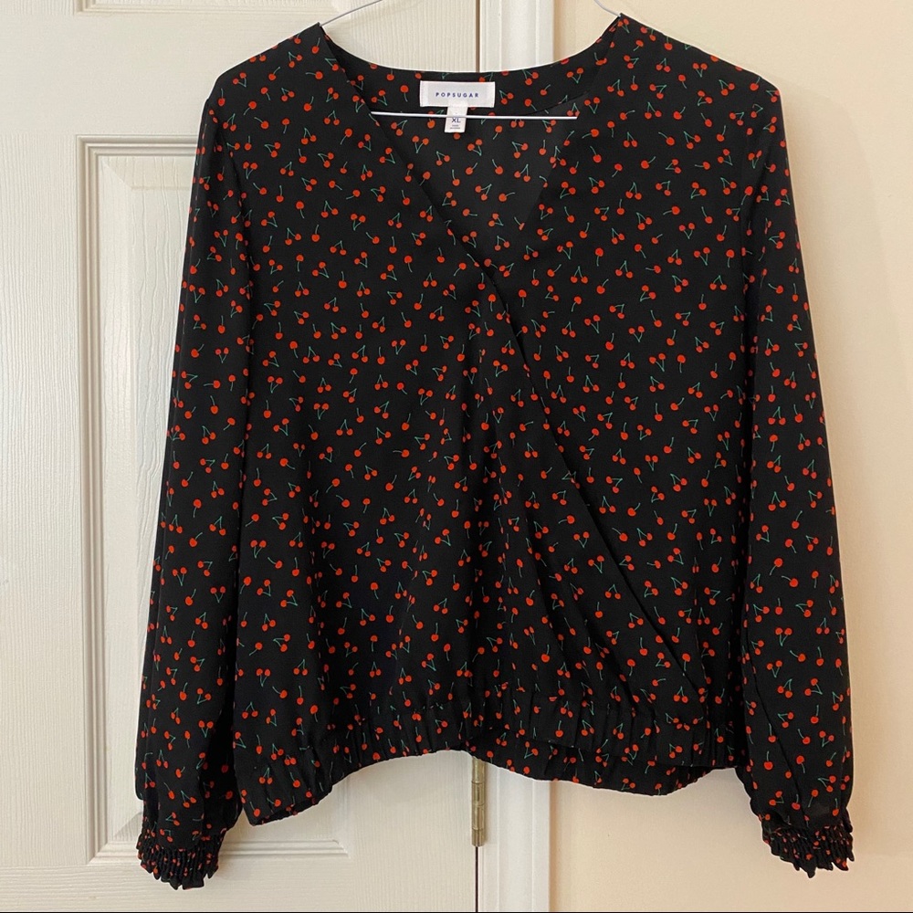 Popsugar cherry pattern wrapped blouse.